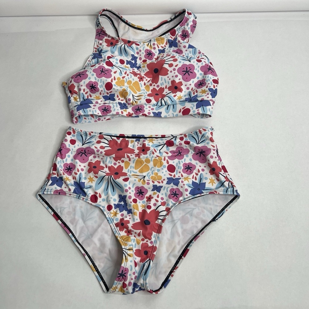 Tankini Set Women XS Multicolor Floral High Rise Waisted Bottoms Racerback Strap